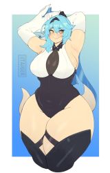 Rule 34 | 1girl, armpits, arms behind head, artist name, black gloves, blue hair, breasts, cleavage, curvy, detached sleeves, eula (genshin impact), genshin impact, gloves, highres, large breasts, leotard, looking at viewer, plump, short hair, smile, solo, taiger, thick thighs, thighs, wide hips, yellow eyes