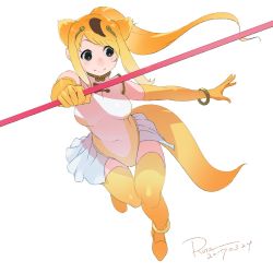 Rule 34 | 10s, 1girl, 2017, animal ears, anklet, artist name, bare shoulders, baton, black eyes, blonde hair, bracelet, breasts, brown hair, circlet, commentary, covered navel, dated, elbow gloves, eyelashes, full body, gloves, golden snub-nosed monkey (kemono friends), gradient hair, hair ornament, high ponytail, highres, holding, holding staff, jewelry, jumping, kemono friends, large breasts, leotard, long hair, looking to the side, monkey ears, monkey tail, multicolored hair, nostrils, orange gloves, orange hair, outstretched arm, perspective, ponytail, rota (bitmap1022), sidelocks, signature, simple background, skirt, smile, solo, staff, tail, tareme, thighhighs, turtleneck, weapon, white background, white leotard, white skirt, yellow leotard, yellow thighhighs