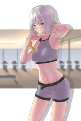 Rule 34 | 1girl, arm ribbon, aya (lezon), belt, blurry, breasts, closed mouth, collarbone, commentary request, depth of field, dumbbell nan kilo moteru?, gina boyd, grey shirt, grey shorts, gym, highres, holding, holding towel, looking at viewer, medium breasts, navel, red ribbon, ribbon, shirt, short hair, shorts, silhouette, silver hair, sleeveless, sleeveless shirt, smile, solo, standing, sweat, towel, v-shaped eyebrows