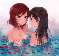 Rule 34 | 10s, 2girls, artist name, black hair, blush, breasts, cleavage, completely nude, floating breasts, hair down, hand in another&#039;s hair, holding hands, hyugo, interlocked fingers, long hair, looking at another, love live!, love live! school idol project, medium breasts, multiple girls, nishikino maki, nude, partially submerged, petals, petals on liquid, purple eyes, red eyes, red hair, same-sex bathing, shared bathing, short hair, tsurime, upper body, water, wet, yazawa nico, yuri