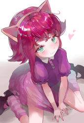 Rule 34 | 1girl, animal ears, annie (league of legends), collared shirt, eyelashes, fake animal ears, green eyes, highres, kneehighs, league of legends, light blush, looking at viewer, puffy short sleeves, puffy sleeves, purple shirt, purple skirt, red hair, see-through, see-through skirt, shirt, shoes, short hair, short sleeves, sitting, skirt, smile, socks, solo, usagi (3828164), wariza, white background