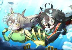 Rule 34 | 2girls, ahoge, air bubble, animal ears, black bodysuit, black gloves, black wetsuit, bodysuit, breasts, brown hair, bubble, clownfish, curled fingers, diving, diving mask, diving regulator, diving suit, fish, gloves, goggles, green bodysuit, highres, holding hands, horse ears, horse girl, hose, kitasan black (umamusume), large breasts, long hair, multicolored bodysuit, multicolored clothes, multiple girls, othiwo, oxygen tank, parted lips, reaching, red eyes, satono diamond (umamusume), scuba, scuba gear, scuba tank, short hair, submerged, two-tone gloves, umamusume, underwater, wetsuit, yellow eyes, yellow gloves