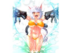 Rule 34 | 1girl, animal ears, bell, bikini, braid, cat ears, cat girl, cat tail, crackle (taimanin), front-tie bikini top, front-tie top, jingle bell, nobushito kuro, red eyes, swimsuit, tail, taimanin (series), taimanin asagi kessen arena, white hair, yellow bikini