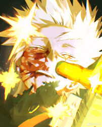 Rule 34 | 1boy, absurdres, mismatched irises, bakugou katsuki, black background, bleeding, blonde hair, blood, blood from mouth, blood on face, boku no hero academia, chinese commentary, chromatic aberration, close-up, commentary request, diffraction spikes, floating hair, gloves, glowing, green gloves, hand up, heterochromia, high collar, highres, light, looking at viewer, male focus, narrowed eyes, open mouth, orange eyes, orange gloves, portrait, reaching, reaching towards viewer, red eyes, short hair, solo, sparkle, spiked hair, spoilers, teeth, upper teeth only, weibo logo, weibo username, yellow theme, ykkiyo
