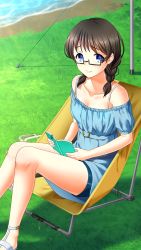 Rule 34 | 1girl, black-framed eyewear, blue dress, blue eyes, blue shorts, braid, breasts, brown hair, camping chair, cleavage, closed mouth, collarbone, day, doukyuusei another world, dress, game cg, glasses, hair over shoulder, holding, kakyuusei, kamiyama miko, long hair, looking at viewer, off-shoulder dress, off shoulder, official art, outdoors, rectangular eyewear, semi-rimless eyewear, short dress, short shorts, short sleeves, shorts, sitting, small breasts, smile, solo, twin braids, under-rim eyewear
