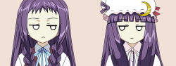 Rule 34 | 00s, 2girls, :&lt;, ayase yue, crescent, crescent moon, crossover, empty eyes, eye contact, hat, jitome, look-alike, looking at another, mahou sensei negima!, moon, multiple girls, neck ribbon, negima!?, no nose, patchouli knowledge, purple hair, ribbon, simple background, touhou, white hat