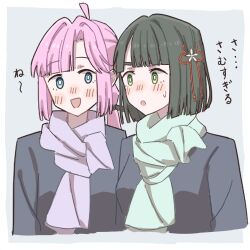 2girls :d :o ahoge anyoji_hime black_coat black_hair black_ribbon blue_eyes blunt_bangs blunt_ends blush border bright_pupils coat cold cropped_torso flower flower_knot green_eyes green_scarf grey_background hair_flower hair_intakes hair_ornament hair_ribbon link!_like!_love_live! long_hair looking_at_another love_live! lowres momose_ginko multi-tied_hair multiple_girls nose_blush open_mouth outside_border pink_hair ponytail purple_scarf ribbon s_(y7555128265305) scarf short_hair sidelocks smile sweatdrop swept_bangs upper_body virtual_youtuber white_border white_pupils