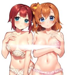 Rule 34 | 10s, 2girls, aqua eyes, bad id, bad twitter id, bare arms, bare shoulders, beige panties, blue eyes, blush, bow, bra, bra pull, breasts, censored, censored nipples, cleavage, closed mouth, clothes pull, collarbone, convenient censoring, cowboy shot, eyelashes, frilled panties, frills, hair bow, hand on own chest, head tilt, ichinose yukino, kosaka honoka, kosaka yukiho, looking at viewer, love live!, love live! school idol project, medium breasts, multiple girls, navel, off shoulder, panties, parted lips, pink bra, pink lips, pink panties, plaid, plaid panties, red hair, short hair, siblings, side ponytail, simple background, sisters, stomach, strap slip, sweatdrop, tareme, underwear, white background, yellow bow