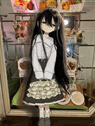 1girl bag black_eyes black_hair black_skirt breast_pocket curry display_case food fried_egg hair_between_eyes handbag high-waist_skirt highres long_hair omelet original parfait photo_background pleated_skirt pocket rice s_momokichi shirt shirt_tucked_in shoes skirt socks solo standing white_shirt white_socks