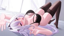 1girl absurdres aircell arms_up bare_shoulders black_bra black_pantyhose blush bra breasts bright_pupils cleavage clothes_pull commentary curtains hair_between_eyes hair_horns hair_intakes highres honkai_(series) honkai_impact_3rd indoors knees_up large_breasts long_hair looking_at_viewer lying no_shoes on_back paid_reward_available pantyhose pantyhose_pull purple_eyes pussy_juice pussy_juice_trail solo thelema_nutriscu tile_floor tiles toes tongue tongue_out underwear underwear_only variant_set very_long_hair white_hair white_pupils