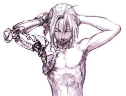 Rule 34 | 1boy, closed eyes, commentary request, edward elric, fullmetal alchemist, greyscale, hair tie in mouth, iwamoto tatsurou, male focus, mechanical arms, monochrome, mouth hold, simple background, single mechanical arm, solo, toned, topless male, tying hair