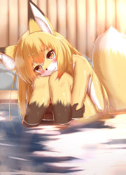 Rule 34 | 1girl, absurdres, animal ear fluff, animal ears, animal nose, bathing, blonde hair, completely nude, fang, fang out, fox ears, fox girl, fox tail, furry, furry female, highres, horokusa (korai), hugging own legs, korai (horokusa), long hair, looking at viewer, nude, onsen, original, partially submerged, smile, tail, water, wet