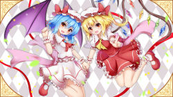 Rule 34 | 2girls, ascot, bat wings, blonde hair, blue hair, bow, brooch, dress, fang, flandre scarlet, holding hands, hat, hat bow, highres, jewelry, mob cap, multiple girls, open mouth, pink dress, puffy short sleeves, puffy sleeves, red dress, red eyes, remilia scarlet, sash, shirt, short sleeves, siblings, side ponytail, sisters, smile, touhou, wings, wrist cuffs, ymd (holudoun)