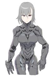 Rule 34 | 1girl, android, closed mouth, exoskeleton, frown, grey hair, guee (ebifry teishoku), hair between eyes, highres, original, red eyes, scar, scar across eye, scar on face, short hair, simple background, solo, white background