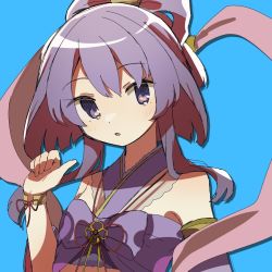 Rule 34 | 1girl, aika himena, blue background, blunt ends, blush, bow, bow-shaped hair, commentary, cropped kimono, detached sleeves, dot nose, flower knot, hagoromo, hand up, hara (nanohara), highres, japanese clothes, kimono, looking at viewer, magia record: mahou shoujo madoka magica gaiden, magical girl, mahou shoujo madoka magica, parted lips, pink shawl, purple bow, purple eyes, purple hair, purple kimono, shawl, short hair with long locks, simple background, sleeveless, sleeveless kimono, solo, swept bangs, symbol-only commentary, upper body