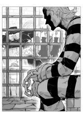Rule 34 | 2boys, border, character request, greyscale, hat, impel down, kankan33333, monochrome, multiple boys, musical note, one piece, one piece film: red, people, prison cell, prison clothes, prison clothes, seashell, shaded face, shell, top hat, white border, wings
