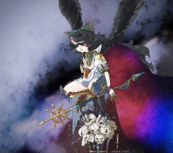 Rule 34 | 1girl, alternate costume, armor, bangle, bigcat 114514, bird legs, bird wings, black hair, black wings, bracelet, cape, chain, chaos (warhammer), commentary, dress, english commentary, full body, gold armor, gold trim, hair between eyes, hair over one eye, highres, holding, holding polearm, holding weapon, jewelry, leg armor, long hair, looking at viewer, mechanical arms, necklace, pauldrons, plate armor, polearm, red eyes, reiuji utsuho, short dress, short sleeves, shoulder armor, signature, single mechanical arm, skull, solo, spear, squatting, star (symbol), starry background, starry sky print, talons, third eye, touhou, triangle mouth, twitter username, tzeentch, very long hair, warhammer 40k, weapon, white dress, wings