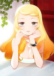 Rule 34 | 10s, 1girl, blonde hair, bracelet, breast rest, breasts, cleavage, creatures (company), elbow rest, game freak, grey eyes, head on hand, head rest, jewelry, large breasts, long hair, looking at viewer, moran, necktie, nintendo, no headwear, parted lips, pokemon, pokemon (anime), pokemon xy, serena (pokemon), smile, solo, table, wristband