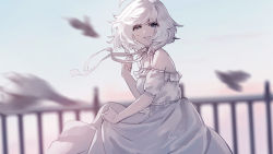 Rule 34 | 1girl, ahoge, blue eyes, blurry, blurry background, commentary, day, depth of field, detached sleeves, dress, english commentary, half-closed eyes, hand up, looking at viewer, looking to the side, original, outdoors, parted lips, puffy short sleeves, puffy sleeves, railing, ryokucha manma, short sleeves, skirt hold, sleeveless, sleeveless dress, smile, solo, white dress, white hair, white sleeves
