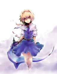 Rule 34 | 1girl, alice margatroid, blonde hair, blue dress, bois de justice, breasts, capelet, closed mouth, commentary request, cookie (touhou), dies irae, dress, expressionless, feet out of frame, frilled sash, hair between eyes, hairband, head tilt, highres, hinase (cookie), looking at viewer, marutoman chuui, necktie, orange eyes, pink sash, red hairband, red necktie, sash, shinza bansho series, short hair, small breasts, smoke, solo, touhou, white background, white capelet