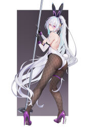 Rule 34 | 1girl, absurdres, animal ears, aqua pupils, ass, azur lane, backless leotard, elbow gloves, fake animal ears, fake tail, fishnet pantyhose, fishnets, from behind, gloves, high heels, highres, holding, holding pole, kearsarge (all night charge) (azur lane), kearsarge (azur lane), leotard, long hair, looking at viewer, looking back, multicolored leotard, official alternate costume, pantyhose, playboy bunny, pole, ponytail, pumps, shoes, stiletto heels, strapless, strapless leotard, stripper pole, tail, thigh strap, undersized breast cup, white hair, white leotard, xnnagu