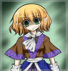 Rule 34 | 1girl, blonde hair, female focus, green eyes, hair in own mouth, half updo, lowres, mizuhashi parsee, solo, touhou