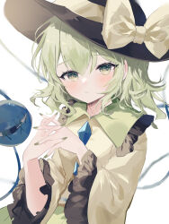 Rule 34 | 1girl, black hat, bow, closed mouth, green eyes, green hair, green nails, hat, hat bow, heart, highres, interlocked fingers, komeiji koishi, long sleeves, looking at viewer, short hair, simple background, solo, sorani (kaeru0768), third eye, touhou, upper body, white background, wide sleeves, yellow bow