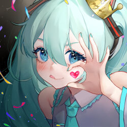 Rule 34 | 1girl, :q, aqua eyes, aqua hair, aqua nails, aqua necktie, bare shoulders, chinese commentary, colored eyelashes, commentary, crown, detached sleeves, eyebrows hidden by hair, eyelashes, grey shirt, hair between eyes, happy birthday, hatsune miku, heart, highres, leaning forward, long-bangs, long hair, looking at viewer, mini crown, nail polish, necktie, object floating above hand, ok sign, portrait, shirt, sleeveless, sleeveless shirt, smile, solo, tongue, tongue out, twintails, very long hair, vocaloid, youmen