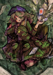 Rule 34 | 1girl, 2b-ge, breasts, camouflage, camouflage jacket, camouflage skirt, card, collared jacket, green background, green eyes, green hair, highres, holding, holding card, jacket, jumping, key, long sleeves, looking at viewer, medium breasts, open mouth, purple headwear, skirt, smile, touhou, unconnected marketeers, yamashiro takane