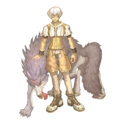 Rule 34 | 1boy, 2000s (style), boots, brown eyes, brown footwear, brown pants, brown shirt, brown shorts, closed mouth, cropped jacket, full body, highres, hunter (ragnarok online), jacket, looking to the side, male focus, medium bangs, myung-jin lee, official art, pants, pants under shorts, petting, ragnarok online, shirt, short hair, short sleeves, shorts, simple background, smile, solo, standing, tachi-e, transparent background, white hair, white jacket, wolf, wristband