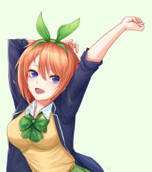 Rule 34 | 1girl, blue eyes, blue jacket, blush, bow, breasts, commentary request, go-toubun no hanayome, green bow, green neckwear, green ribbon, hair between eyes, hair ornament, hair ribbon, highres, jacket, large breasts, looking at viewer, nakano yotsuba, open mouth, orange hair, ribbon, shirt, short hair, simple background, sleeves rolled up, smile, solo, upper body, wei xiao, white background