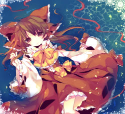 Rule 34 | 1girl, afloat, ana (rznuscrf), ascot, bad id, bad pixiv id, bare shoulders, bow, brown eyes, brown hair, detached sleeves, dress, female focus, hair bow, hair tubes, hakurei reimu, highres, japanese clothes, long hair, lying, miko, on back, solo, submerged, touhou, water