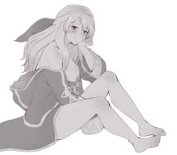 Rule 34 | 1girl, bare shoulders, blush, breasts, breasts out, cloak, commission, cosplay, evomanaphy, fire emblem, fire emblem: radiant dawn, fire emblem awakening, greyscale, hair ribbon, half updo, hand on own face, highres, hood, hood down, hooded cloak, hooded coat, large breasts, long hair, long sleeves, looking at viewer, micaiah (fire emblem), monochrome, morgan (fire emblem), naked cloak, nintendo, nipples, off shoulder, open clothes, ribbon, robin (fire emblem), robin (fire emblem) (cosplay), scarf, second-party source, simple background, sitting, smile, solo, white background