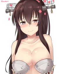 Rule 34 | 1girl, absurdres, areola slip, blush, breasts, brown eyes, brown hair, cherry blossoms, closed mouth, collarbone, embarrassed, female focus, hair between eyes, headgear, highres, kantai collection, kiritto, long hair, looking at viewer, medium breasts, metal bra, petals, ponytail, sidelocks, simple background, solo, topless, topless frame, twitter username, type 91 armor-piercing shell, upper body, white background, yamato (kancolle)