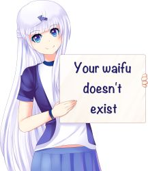 Rule 34 | 1girl, arrow (projectile), blue eyes, blue skirt, bot-chan, english text, eyebrows, highres, holding, holding sign, long hair, looking at viewer, magpii, original, shirt, sign, skirt, smile, solo, standing, t-shirt, transparent background, truth, white background, white hair, wristband