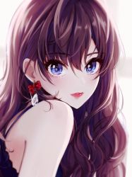 Rule 34 | 10s, 1girl, bare shoulders, blue eyes, blurry, blush, bow, brown hair, commentary request, crystal earrings, earrings, eyelashes, glint, hair between eyes, highres, ichinose shiki, idolmaster, idolmaster cinderella girls, jewelry, lipstick, long hair, looking at viewer, magako, makeup, parted lips, red bow, red lips, sleeveless, solo, spaghetti strap, upper body, wavy hair, white background