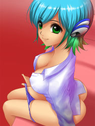 Rule 34 | 1girl, aoi mug, ass, bad id, bad pixiv id, blue hair, blue panties, breasts, cleavage, covered erect nipples, downblouse, dream c club, dream c club (series), dream c club zero, from above, gradient hair, green eyes, green hair, highres, large breasts, legs, matching hair/eyes, multicolored hair, no bra, nonono (dream c club), panties, panty pull, short hair, sitting, smile, solo, striped clothes, striped panties, underwear