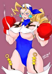 Rule 34 | 1girl, blue eyes, blush, boxing gloves, breasts, capcom, drill hair, justice gakuen, large breasts, legs, leotard, open mouth, solo, surprised, thick thighs, thighs, tiffany lords, underboob