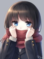 Rule 34 | 1girl, black hair, blue eyes, blush, buttons, coat, covering own mouth, dated, enpera, grey background, hands up, highres, long sleeves, looking at viewer, makadamixa, original, red scarf, scarf, school uniform, short hair, signature, simple background, solo, upper body