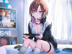 Rule 34 | 1girl, apex legends, bed, black sweater, blue eyes, blue necktie, blue skirt, breasts, brown hair, cleavage, collarbone, commentary request, crypto (apex legends), curtains, highres, indoors, kneehighs, long hair, necktie, nekoyashiki pushio, nintendo, nintendo switch, open clothes, original, playing games, shirt, sitting, skirt, socks, solo, sweater, television, white socks