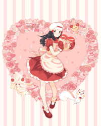 Rule 34 | 1girl, alcremie, alcremie (strawberry sweet), apron, artist name, black hair, chef hat, cherrim, cherrim (sunshine), closed mouth, commentary, creatures (company), dawn (palentine&#039;s 2021) (pokemon), dawn (pokemon), dress, english commentary, game freak, gen 4 pokemon, gen 8 pokemon, hair ornament, hairclip, hat, holding, leg warmers, light blush, long hair, mittens, miyaulait, nintendo, official alternate costume, oven mitts, pachirisu, pokemon, pokemon (creature), pokemon masters ex, red dress, red footwear, red mittens, shoes, sidelocks, smile, white headwear