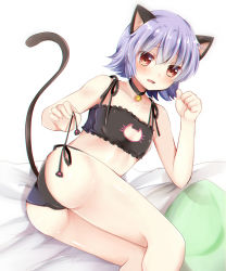 Rule 34 | 10s, 1girl, animal ears, ass, bad id, bad pixiv id, bell, neck bell, blush, brown eyes, cat cutout, cat ears, cat lingerie, cat tail, cleavage cutout, clothing cutout, collar, fang, jingle bell, kantai collection, masayo (gin no ame), meme attire, open mouth, panties, paw pose, purple hair, revision, short hair, side-tie panties, solo, tail, tama (kancolle), underwear, underwear only, untying, wavy mouth