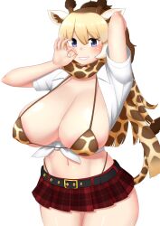 Rule 34 | 1girl, alternate breast size, alternate costume, animal ear fluff, animal ears, animal print, arm behind head, arms up, belt, bikini, bikini top only, black belt, blonde hair, blue eyes, breasts, breasts out, brown hair, cleavage, collared shirt, cowboy shot, giraffe ears, giraffe girl, giraffe horns, giraffe print, giraffe tail, grin, hair between eyes, highleg, highleg panties, highres, hitonoko, horns, huge breasts, kemono friends, long hair, looking at viewer, microskirt, midriff, multicolored hair, navel, ok sign, panties, panty straps, print bikini, print scarf, red skirt, reticulated giraffe (kemono friends), scarf, shiny skin, shirt, short sleeves, simple background, skirt, smile, solo, stomach, swimsuit, tail, teeth, tied shirt, underwear, white background, white shirt, wing collar