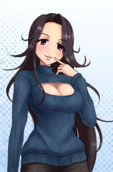 Rule 34 | 10s, 1girl, black hair, black pants, blue background, blue sweater, breasts, cleavage, cleavage cutout, clothing cutout, finger to face, gradient background, haiji (sugakunigate), halftone, halftone background, highres, idolmaster, idolmaster cinderella girls, large breasts, long hair, meme attire, open-chest sweater, pants, purple eyes, revision, ribbed sweater, smile, solo, sweater, takahashi reiko, turtleneck