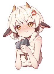 Rule 34 | 1girl, :i, anger vein, animal ears, bare shoulders, blush, brown eyes, closed mouth, cropped torso, eyebrows hidden by hair, hammer, holding, holding hammer, horns, konbu (hida123), lamball, looking at viewer, nose blush, palworld, personification, pout, sheep ears, sheep girl, sheep horns, simple background, solo, tears, thick eyebrows, upper body, white background, white hair