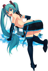 Rule 34 | 1girl, all fours, aqua eyes, aqua hair, ass, back, bent over, boots, breasts, caee penguin, detached sleeves, from behind, hatsune miku, high heels, highres, legs, long hair, looking back, miniskirt, open mouth, shoes, sideboob, skirt, small breasts, smile, solo, thigh boots, thighhighs, twintails, vocaloid, zettai ryouiki