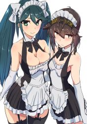 Rule 34 | 2girls, apron, black legwear, blue hair, blush, bow, bowtie, breasts, brown hair, cleavage, clothes writing, comala (komma la), elbow gloves, garter straps, gloves, hachimaki, hair bow, hair flaps, hand on another&#039;s hip, hatsuzuki (kancolle), headband, highres, isuzu (kancolle), kantai collection, large breasts, long hair, looking at viewer, looking away, maid, maid apron, maid headdress, multiple girls, simple background, sleeveless, small breasts, smile, twintails, white background, white bow, white gloves