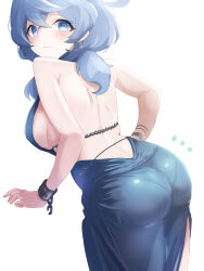 Rule 34 | 1girl, ako (blue archive), ako (dress) (blue archive), ass, backless dress, backless outfit, blue archive, blue eyes, blue hair, blue halo, blush, breasts, closed mouth, cowboy shot, cuffs, dress, hair between eyes, halo, handcuffs, highres, komena (shinyday312), large breasts, long hair, official alternate costume, pantylines, sideboob, simple background, sleeveless, sleeveless dress, solo, white background