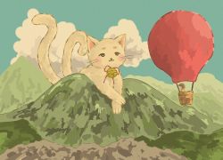 Rule 34 | 1girl, aircraft, animal, animal ears, balloon, basket, bell, blue skirt, blush, brown hair, cat, cat ears, cloud, cloudy sky, collar, day, giant cat, hot air balloon, mountain, multiple tails, neck bell, original, outdoors, oversized animal, red balloon, sakura szm, scenery, short hair, skirt, sky, smile, sweater, tail, two tails, whiskers, white cat, wide shot, yellow sweater