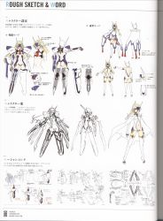 Rule 34 | 1girl, absurdres, arc system works, ass, bare shoulders, blazblue, blonde hair, blue eyes, cape, character sheet, clothing cutout, concept art, forehead protector, halterneck, highres, long hair, mecha musume, mu-12, navel, navel cutout, necktie, robot ears, scan, sketch, solo, sword, thighhighs, toeless legwear, toes, translation request, weapon, white thighhighs
